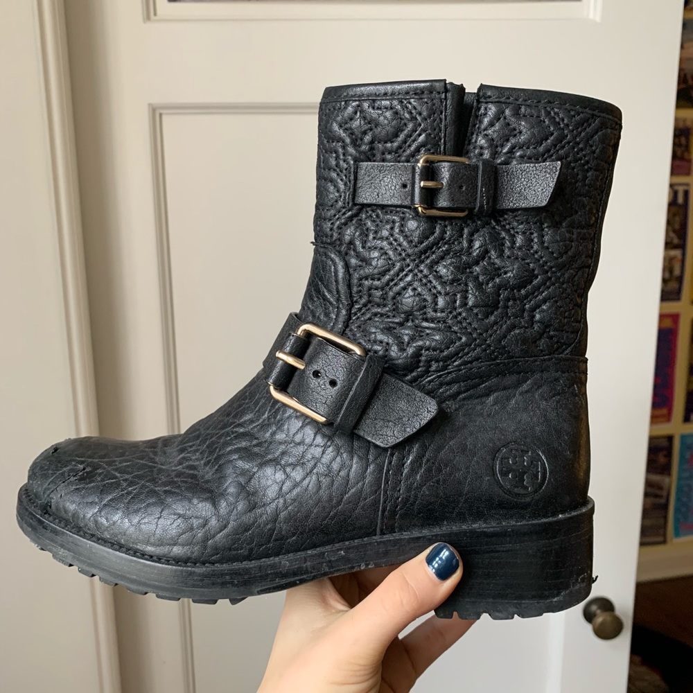 Tory Burch quilted black leather booties